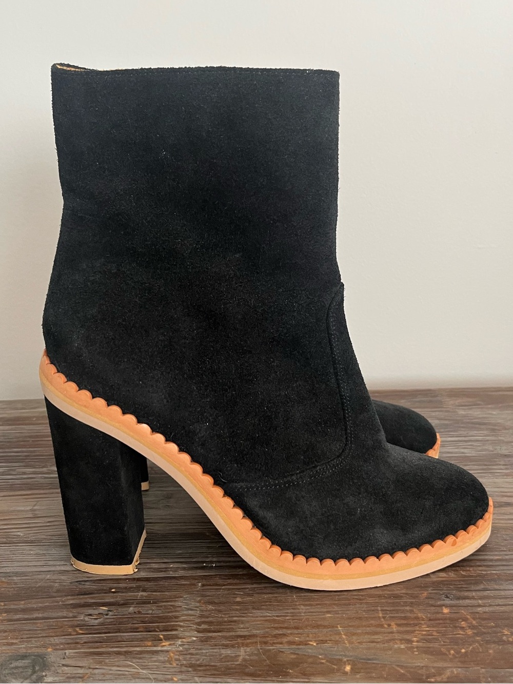 See By Chloe Black Suede Ankle Boots with Tan Scalloped Trim